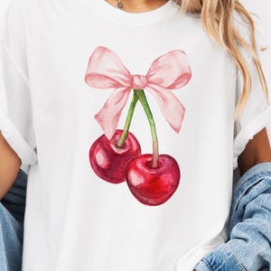Cherry Bow Brushstroke Comfort Colors Shirt, Bow Cherry T-Shirt, Cute Cherry Shirt, Pink Bow Cherry Tee, Vintage Valentines Day Tee Shirt