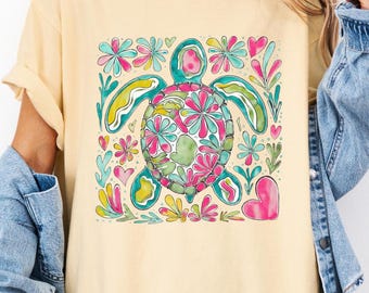 Camisa bohemia con estampado floral de tortuga, playera náutica para playa, playera estética de verano, playera playera de verano, playera con diseño de tortuga, playera con estilo veraniego