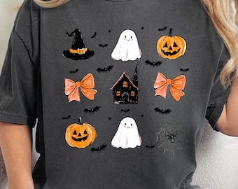 Comfortkleuren Spooky Season Ghost-shirt, bloemen Ghost T-shirt, patchwork Ghost T-shirt, Ghost-shirt herfst, Halloween-shirt pompoen herfst