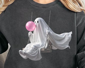 Ghost with Wilted Sweatshirt, Gummy Ghost Kids Shirt, Spooky Ghost Hoodie,Girls Halloween Gift,Retro Halloween Ghost on swing,Witchy Pumpkin
