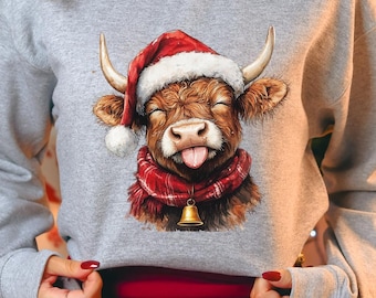 Sudadera navideña de vaca de las Tierras Altas, sudadera con capucha de vaca con gorro de Papá Noel, suéter navideño de granja del oeste, suéter navideño divertido de vaca para chica de campo