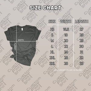 May include: Size chart for a t-shirt with measurements in inches. The chart shows the width and length of the shirt in inches for sizes XS, S, M, L, XL, 2XL, and 3XL.