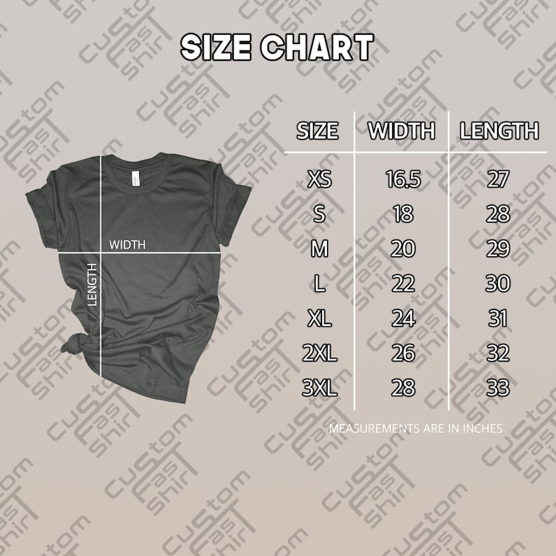 May include: Size chart for a t-shirt with measurements in inches. The chart shows the width and length of the shirt in inches for sizes XS, S, M, L, XL, 2XL, and 3XL.