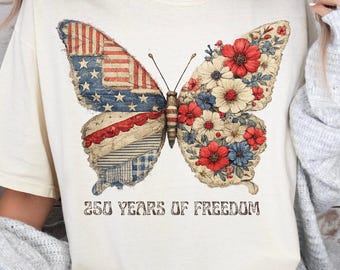 250 years, Land Of the Free Shirt, Butterfly Vintage America Tee, Floral 4th of July Shirt, Patriotic USA Flag Summer TShirt, American Tee