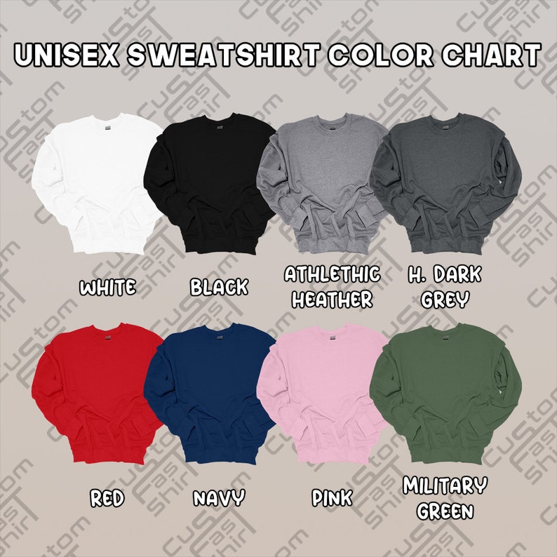 Op de afbeelding: Kleurenkaart met 10 verschillende kleuren sweatshirts. De kleuren zijn wit, zwart, atletiek heather, donkergrijs, rood, marine, roze, legergroen.
