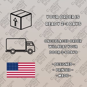 May include: Black and white illustration of a box with an arrow pointing upwards, a delivery truck, and the American flag. The text reads "Your order is ready 2-3 days. Once placed order will beat your door 3-6 days. - Designed - Printed - Made - "