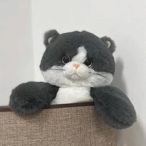 Può includere: Un peluche a forma di gatto con pelliccia grigio scuro sulla testa e sulle zampe, e una macchia bianca che si estende dalla fronte al petto. Il gatto ha grandi occhi rotondi marrone scuro, un piccolo naso rosa e sottili baffi neri ai lati.