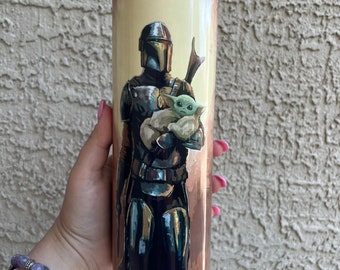 Mando and baby stainless steel 20 oz tumbler.
