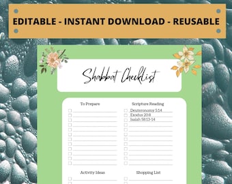 Puede incluir: Una lista de verificación imprimible verde para la preparación del Shabat con acentos florales. La lista de verificación incluye secciones para Prepararse, Lectura de las Escrituras, Ideas de actividades y Lista de compras. El texto "8.5' by 11' PDF" está en la esquina inferior derecha.
