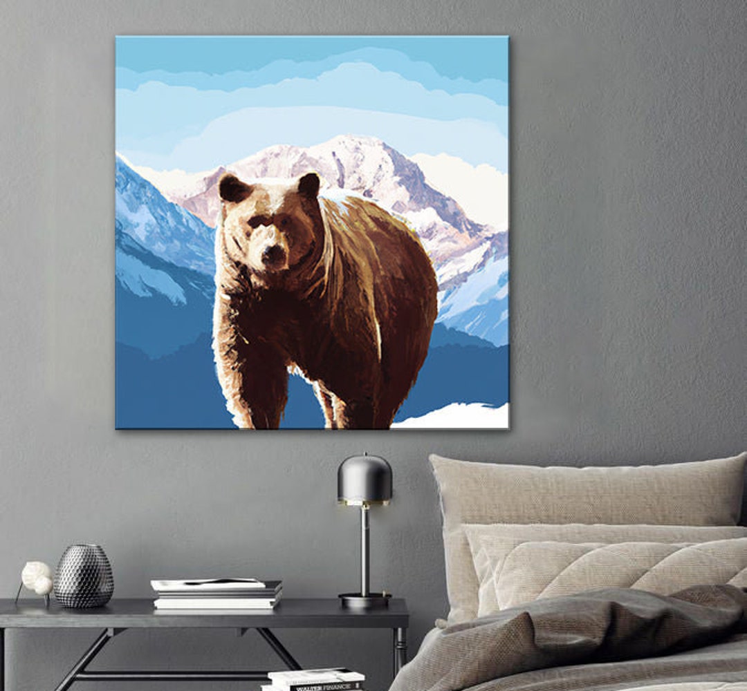 Brown Bear Canvas, Mountain Backdrop Art, Wilderness Wall Decor, Large