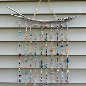Driftwood Beaded Wall Art | Boho Beaded Wall Decor | Driftwood Sun Catcher | Colorful Wind Chime
