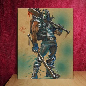 May include: Illustration of a masked character in a leather jacket, holding a bloodied bat over his shoulder and a baseball bat. The artwork features a color palette of blue, brown, and red, with a comic book style.