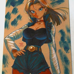 May include: Illustration of a female anime character with blonde hair and blue eyes. She wears a black top, blue shorts, and a black jacket. The artwork is on a tan background with blue brushstrokes. The character has a red choker and a gold belt buckle.