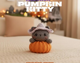 May include: A handmade crochet Halloween decoration featuring a gray cat wearing a lavender witch hat, sitting atop an orange pumpkin. The text "Haunted Pumpkin Kitty" is displayed above the cat. The product is placed on a bed.