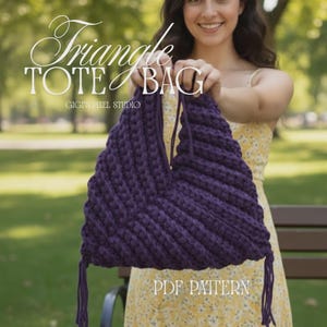 May include: A handmade, triangular tote bag in a deep purple hue. The bag is crocheted with a textured stitch, featuring a unique shape and long tassels. The text "Triangle TOTE BAG" and "PDF PATTERN" are visible.
