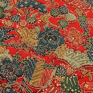 Vintage Silk Kimono Fabric | Floral Botanical River | Red Blue Gold | Quilting