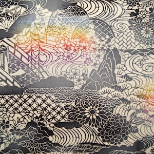 Tecido vintage japonês de seda monocromática com paisagem cênica | Preto e creme | Quilting • Costura lenta