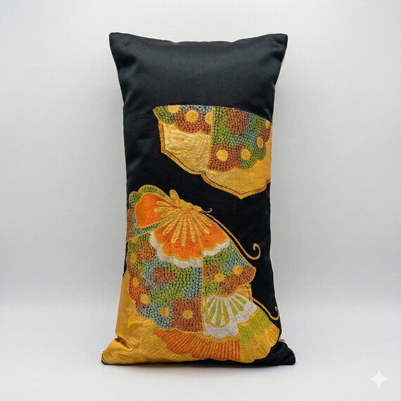 Vintage japanische Obi Seidenbrokat Kissen - Goldschmetterling Muster | Wohnkultur 2er-Set
