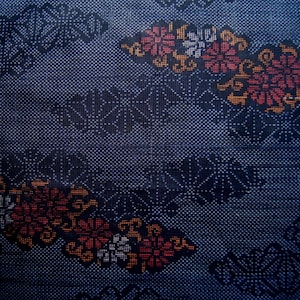 May include: Close-up of a navy blue fabric with a textured, dotted pattern. The design features dark blue geometric shapes and clusters of flowers in red, orange, and white. The floral elements are detailed and add a decorative touch to the textile.