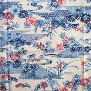 Tecido de quimono de seda japonês vintage, branco, azul, floral, rio katazome, 161 cm