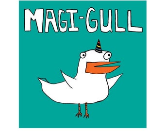 Autocollant en vinyle Magi-gull, autocollant de jeu de mots amusant, autocollant de bouteille d’eau, autocollant de mouette mignon