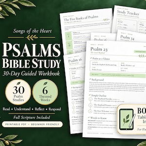 May include: A 30-day guided Bible study workbook titled Songs of the Heart Psalms Bible Study. The printable PDF includes study trackers, themed weeks, and scripture pages. A bonus tablet version for iPad and GoodNotes is also included.