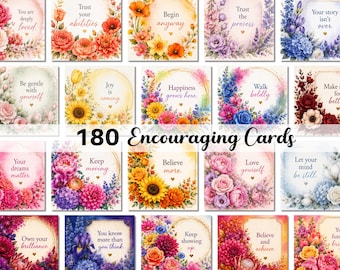 May include: A collection of 180 square cards featuring floral borders in various colours like pink, yellow, blue, and red. Each card displays a unique encouraging phrase such as You are deeply loved, Trust your abilities, and Happiness grows here.