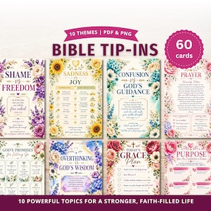 May include: A collection of 60 Bible tip-in cards featuring 10 themes, presented as PDF and PNG files. Each card displays floral borders and religious text, including titles like Shame vs Freedom, Sadness vs Joy, Confusion vs God's Guidance, and Prayer.