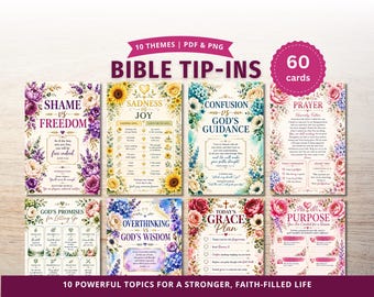 Op de afbeelding: Een verzameling van 60 Bijbel tip-in kaarten met 10 thema's, aangeboden als PDF- en PNG-bestanden. Elke kaart toont florale randen en religieuze teksten, waaronder titels zoals Shame vs Freedom, Sadness vs Joy, Confusion vs God's Guidance en Prayer.