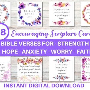May include: A collection of 48 encouraging scripture cards with floral accents. The cards feature Bible verses for strength, hope, anxiety, worry, and faith. The text "Instant Digital Download" is also included.