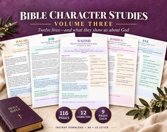 May include: A set of Bible Character Studies Volume Three printable pages featuring twelve lives and what they show us about God. The collection includes 116 pages, 12 characters, and 9 pages each, with a dark purple Holy Bible book in the corner.