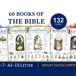 May include: A digital collection of 60 Books of the Bible study pages featuring 132 pages total. Each page includes book titles like Exodus, Colossians, 1 Corinthians, Romans, and Philippians, with botanical illustrations, timelines, and writing prompts.