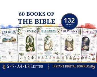 May include: A digital collection of 60 Books of the Bible study pages featuring 132 pages total. Each page includes book titles like Exodus, Colossians, 1 Corinthians, Romans, and Philippians, with botanical illustrations, timelines, and writing prompts.