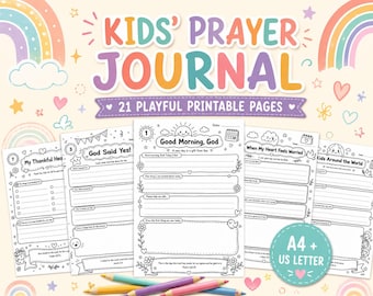 May include: A digital kids' prayer journal with 21 printable pages in A4 and US Letter sizes. The cover features the text KIDS' PRAYER JOURNAL and 21 PLAYFUL PRINTABLE PAGES, surrounded by colourful rainbows, hearts, and stars.