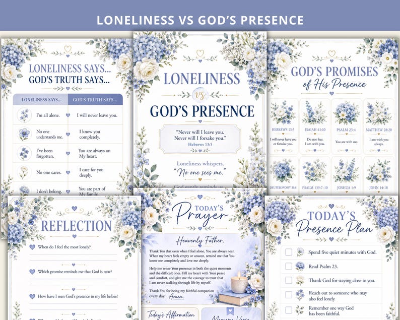 May include: A collection of religious-themed printable sheets titled Loneliness vs God's Presence, featuring blue and white floral illustrations, prayer prompts, reflection questions, and scripture verses with a soft, light-colored aesthetic.