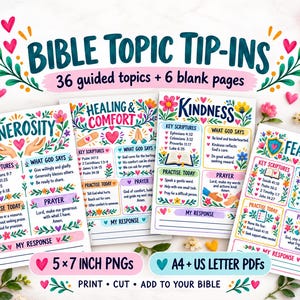 Pode incluir: Um conjunto de fichas bíblicas com ilustrações florais coloridas e texto. As páginas incluem títulos como Generosidade, Cura e Conforto, Bondade e Medo, com seções para escrituras principais, orações e exercícios práticos.