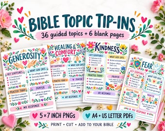 May include: A set of Bible topic tip-ins featuring colourful floral illustrations and text. The pages include headings like Generosity, Healing & Comfort, Kindness, and Fear, with sections for key scriptures, prayers, and practice prompts in A4 format.