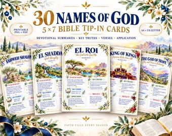 May include: A set of 30 printable 13x18 cm Bible tip-in cards titled 30 Names of God. Each card features watercolour landscape illustrations, devotional summaries, key truths, verses, and application sections. The cards display names like Yahweh Shalom, El Shaddai, El Roi, King of Kings, and The God of Hope.
