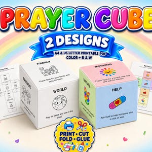 May include: A printable prayer cube set featuring two designs in colour and black and white. The set includes A4 and US letter PDF templates. One cube is white with black text and line art, while the other is pastel-coloured with illustrations.