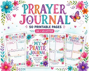 May include: A digital prayer journal set featuring 50 printable pages in A4 and US Letter sizes. The design includes colourful floral borders, butterflies, and hearts, with text reading PRRAYER JOURNAL, MY PRAYER JOURNAL, GRATEFUL HEART, PRAYING FOR OTHERS, and MORNING PRAYER.