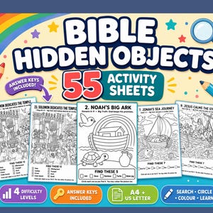 May include: A set of 55 Bible Hidden Objects activity sheets featuring black and white illustrations of biblical scenes like Noah's Ark, Jonah's sea journey, and Solomon's temple. The cover includes a magnifying glass, pencils, and text.