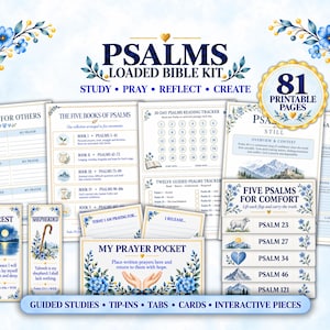 Op de afbeelding: Een printbare Bijbelset genaamd Psalms Loaded Bible Kit met 81 pagina's aan studiemateriaal, gebedstrackers en interactieve kaarten. De pagina's bevatten blauwe bloemaccenten, berfillustraties en tekst voor studie, reflectie en gebed.