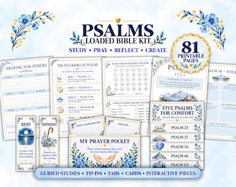 May include: A printable Bible kit titled Psalms Loaded Bible Kit featuring 81 pages of study materials, prayer trackers, and interactive cards. The pages include blue floral accents, mountain illustrations, and text for guided study, reflection, and prayer.