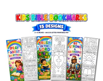 May include: A set of 15 printable kids Bible bookmarks measuring 5.08 by 15.24 cm. The designs feature colourful illustrations of children, rainbows, flowers, and knights, alongside black and white line art with religious text and scripture verses.