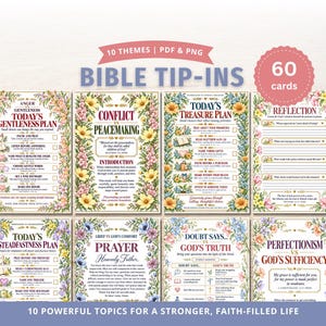 May include: A set of 60 Bible tip-in cards featuring floral borders and religious text. The cards include titles like Today's Gentleness Plan, Conflict vs Peacemaking, Today's Treasure Plan, Reflection, Today's Steadfastness Plan, Prayer, Doubt Says vs God's Truth, and Perfectionism vs God's Sufficiency.