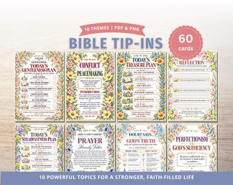 May include: A set of 60 Bible tip-in cards featuring floral borders and religious text. The cards include titles like Today's Gentleness Plan, Conflict vs Peacemaking, Today's Treasure Plan, Reflection, Today's Steadfastness Plan, Prayer, Doubt Says vs God's Truth, and Perfectionism vs God's Sufficiency.