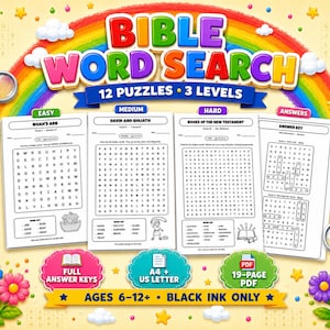 May include: A Bible Word Search activity book featuring 12 puzzles across 3 difficulty levels. The cover displays a colorful rainbow, magnifying glasses, pencils, and flowers. It includes A4 and US Letter PDF formats with 19 pages and answer keys.