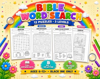 May include: A Bible Word Search activity book featuring 12 puzzles across 3 difficulty levels. The cover displays a colourful rainbow, magnifying glasses, pencils, and flowers. It includes A4 and US Letter PDF formats with 19 pages and answer keys.