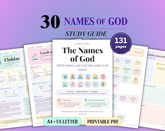 May include: A 131-page printable PDF study guide titled 30 Names of God. The document features colourful pages with text, icons, and structured sections for Bible study, including A4 and US Letter formats for organised spiritual learning.