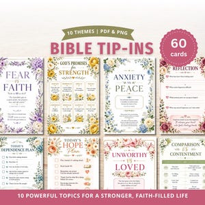 May include: A set of 60 Bible tip-in cards featuring 10 themes, including Fear vs Faith, God's Promises for Strength, Anxiety vs Peace, Reflection, Today's Dependence Plan, Today's Hope Plan, Unworthy vs Loved, and Comparison vs Contentment.